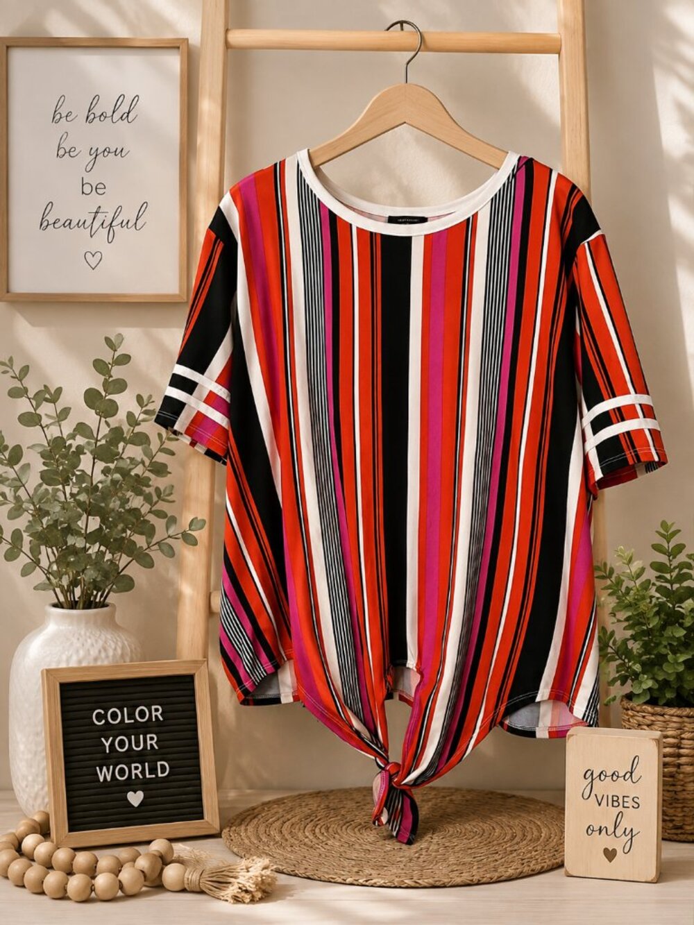 One Step Up Striped Tie-Front Top 2X Multicolor Short Sleeve Blouse